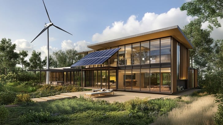 Modern sustainable home with solar panels and wind turbines in Canadian landscape