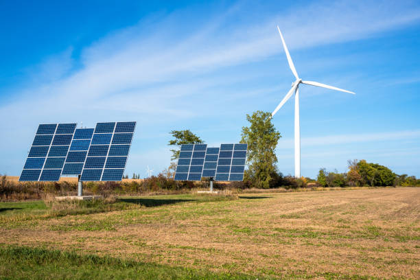 Wind turbines and solar panels in Canadian landscape